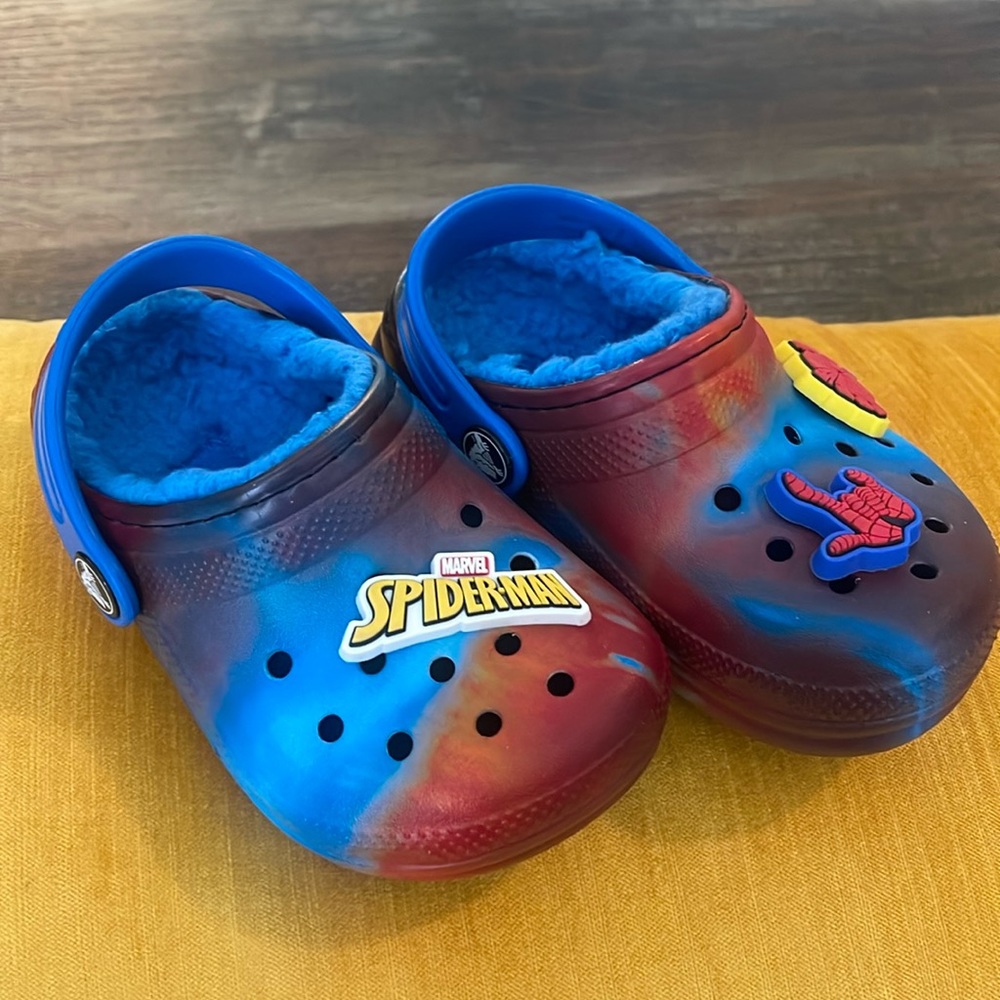 Blue/Red lined toddler crocs with Spiderman jibitz included